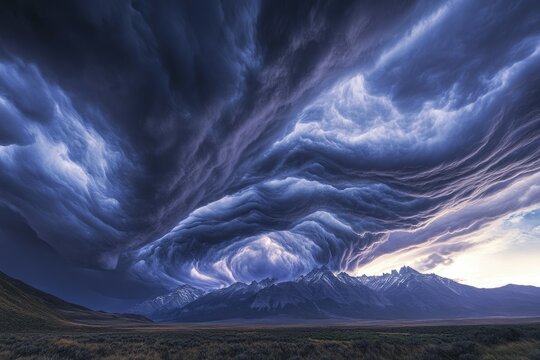 Dramatic swirling cloudscape over a majestic mountain range at sunset, a breathtaking natural phenomenon. - Powered by Adobe