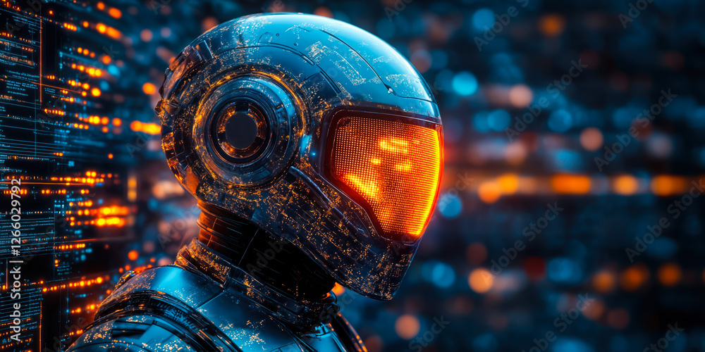 Poster futuristic cybernetic robot with illuminated helmet in digital environment representing advanced tec