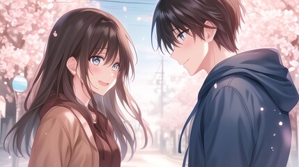 Romantic anime illustration depicting a young couple sharing a tender moment under blooming cherry blossom trees, capturing the essence of love and springtime in japan