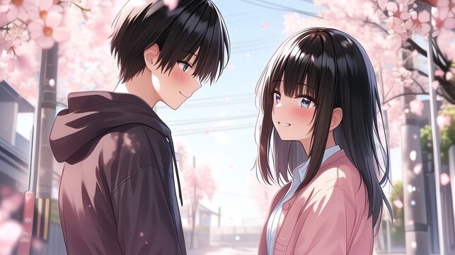Two young students are smiling and blushing under a blooming cherry blossom tree during a beautiful spring day, creating a romantic and tender atmosphere