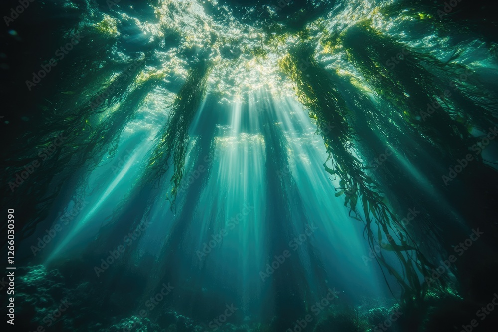 Poster sunbeams pierce through a dense kelp forest, illuminating the underwater world with ethereal light.