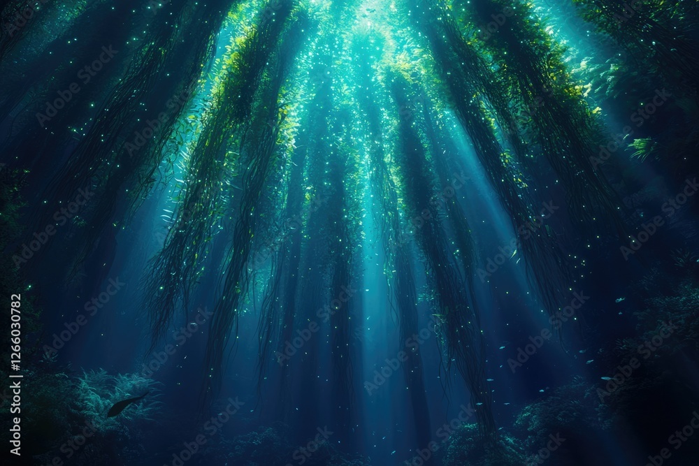Poster sunbeams illuminate a kelp forest, creating a magical underwater scene.