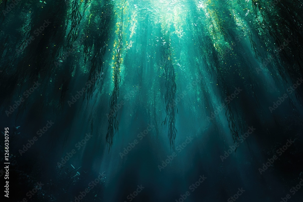 Aufkleber sunbeams illuminate a dense kelp forest, creating an ethereal underwater scene.