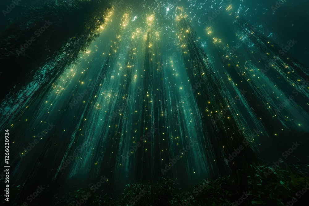 Poster an underwater forest glows with ethereal light, creating a magical, otherworldly scene.