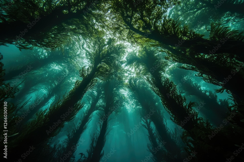 Poster sunbeams pierce a kelp forest, creating a mystical underwater scene of tall, swaying seaweed.