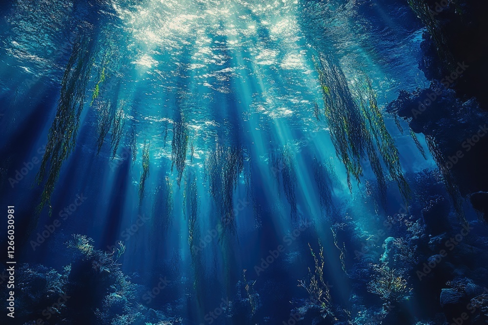 Poster sunbeams illuminate an underwater kelp forest, creating a serene and mystical scene.