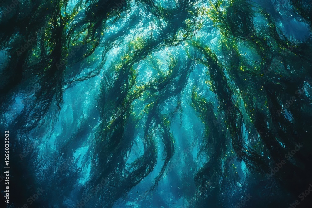 Poster A mesmerizing underwater kelp forest, sunlight filtering through swaying seaweed, creating an ethereal underwater scene.