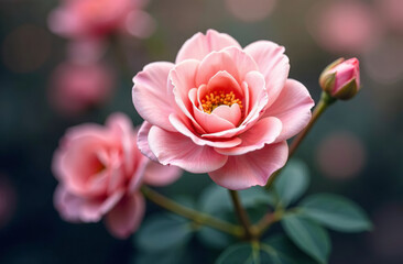 Bush large pink roses, blooming flower outside garden, close-up. AI Generative