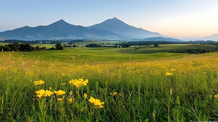 Fototapeta premium Sunrise Over Mountain Range With Yellow Wildflowers In Meadow