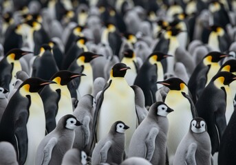 Obraz premium A photograph of a large group of Emperor Penguins, with one in the center standing out due to its bright orange beak and blue-gray body, arranged closely together in a dense formation.