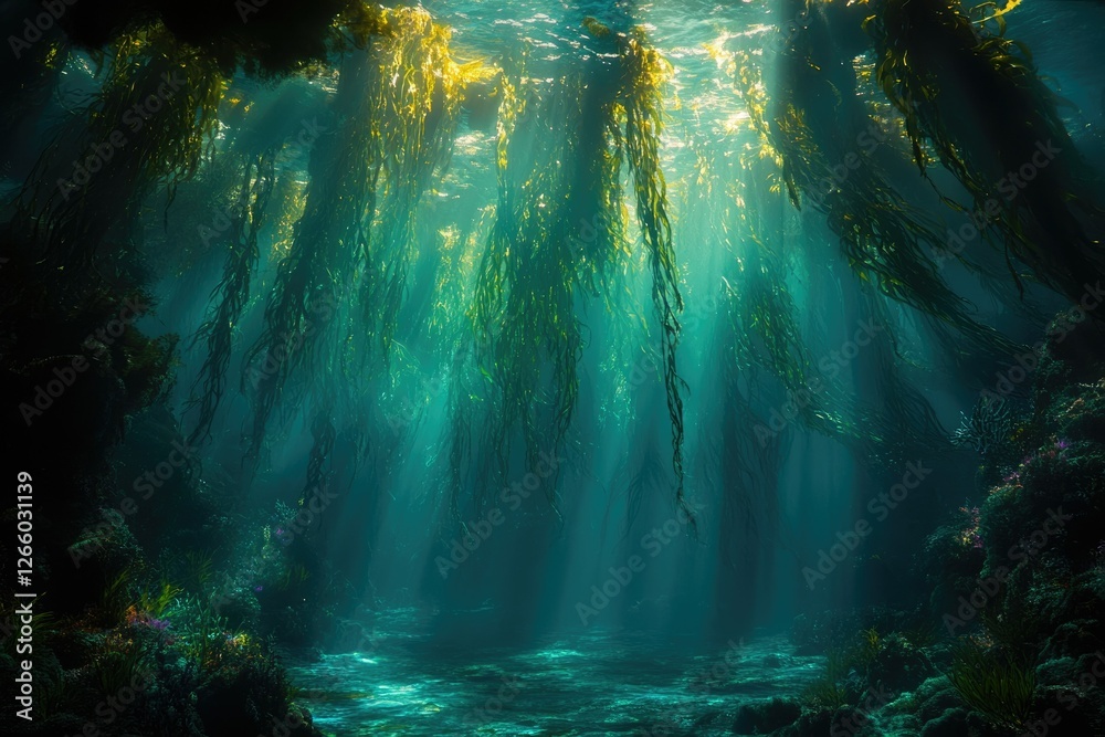 Poster Sunbeams illuminate an underwater kelp forest, creating a serene and mystical atmosphere.