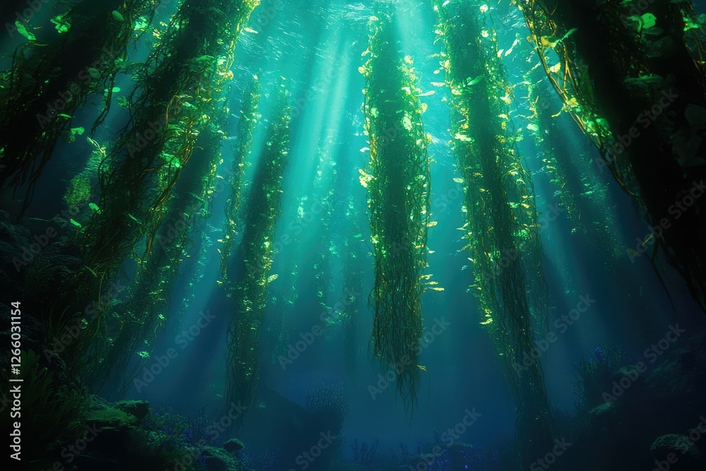 Poster sunbeams illuminate a lush kelp forest, creating an ethereal underwater scene.