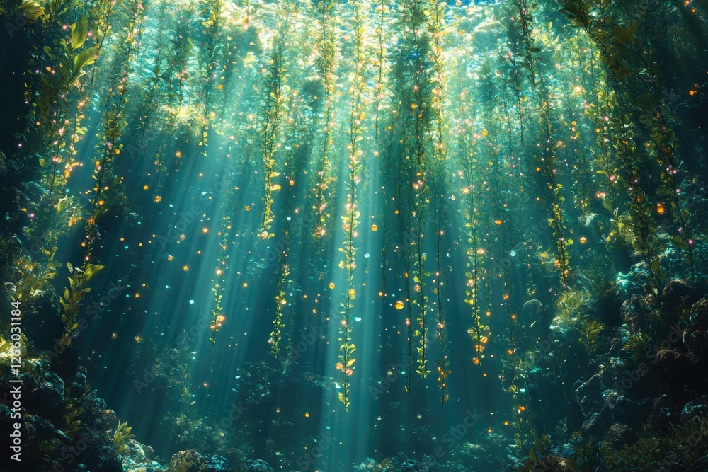Aufkleber Sunbeams illuminate an underwater kelp forest, creating a magical, ethereal scene with glowing particles.