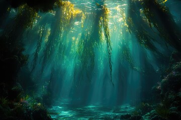 Sunbeams illuminate an underwater kelp forest, creating a serene and mystical atmosphere.