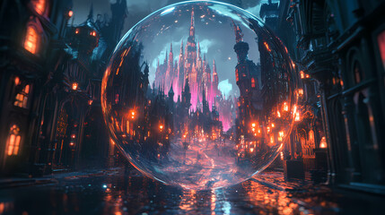 Enchanted glass sphere housing a gothic cityscape with spiky towers and winding streets. Haunted Neon Streets. Illustration