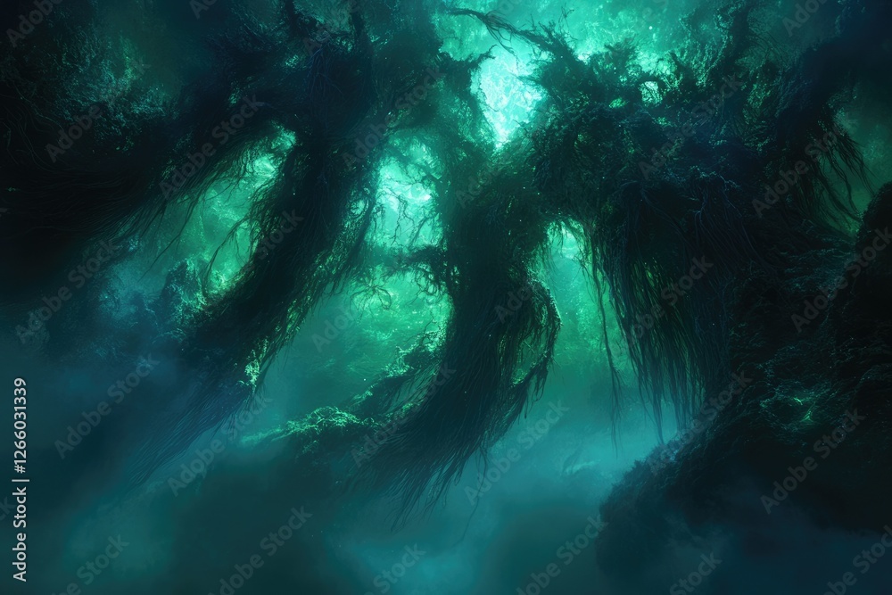 Poster submerged, ethereal forest; ancient, moss-draped trees loom in a mystical, underwater realm.
