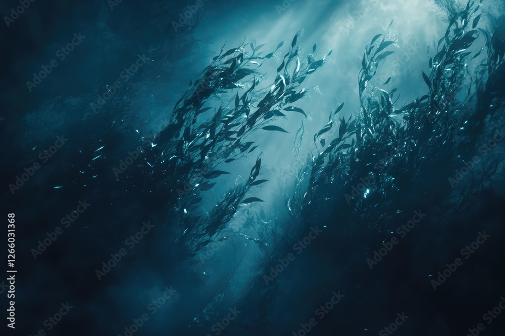Poster underwater kelp forest bathed in sunlight, creating a mystical, ethereal scene.