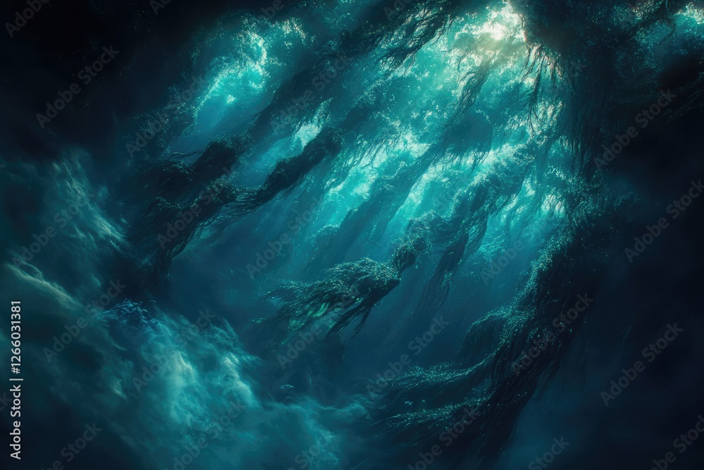 Poster sunbeams illuminate an underwater forest of kelp, creating a mystical, ethereal scene.