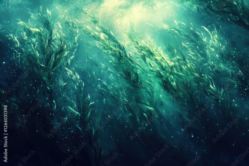 Poster submerged aquatic plants sway gently in the ocean's depths, illuminated by sunlight filtering throug