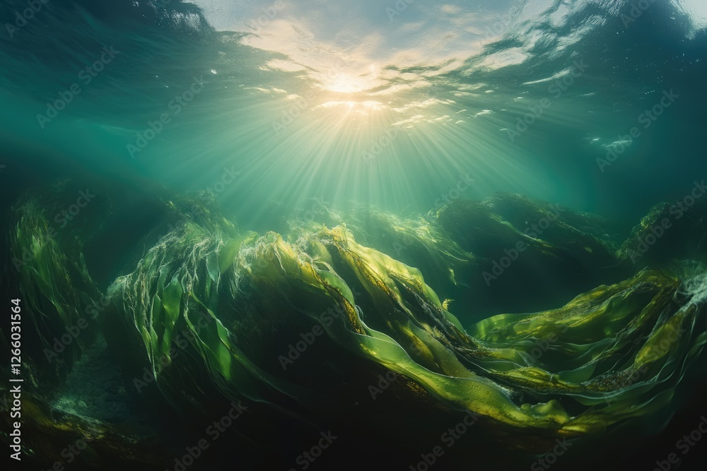 Poster sunbeams illuminate an underwater kelp forest, creating a mesmerizing, ethereal seascape.