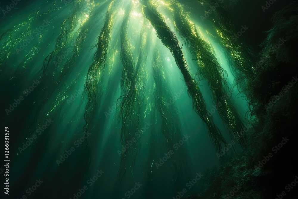 Poster sunbeams illuminate a lush underwater kelp forest, creating a mesmerizing scene of vibrant green sea