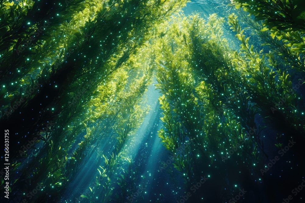 Poster sunbeams illuminate a vibrant kelp forest, creating a magical underwater scene.