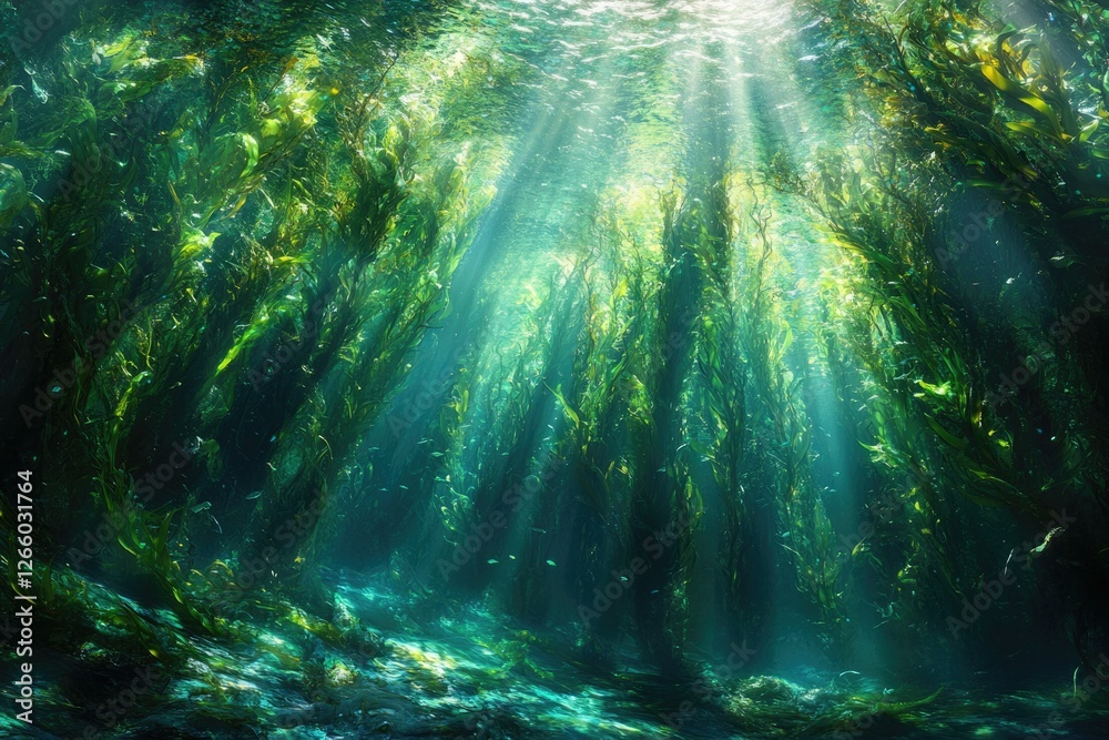 Poster sunbeams illuminate a lush underwater kelp forest, creating a magical, serene underwater scene.