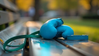 Blue Boxing Gloves Park Bench Outdoors Soft Focus