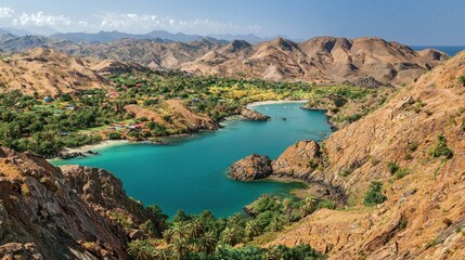 Tropical bay nestled in rugged mountains, overlooking colorful village