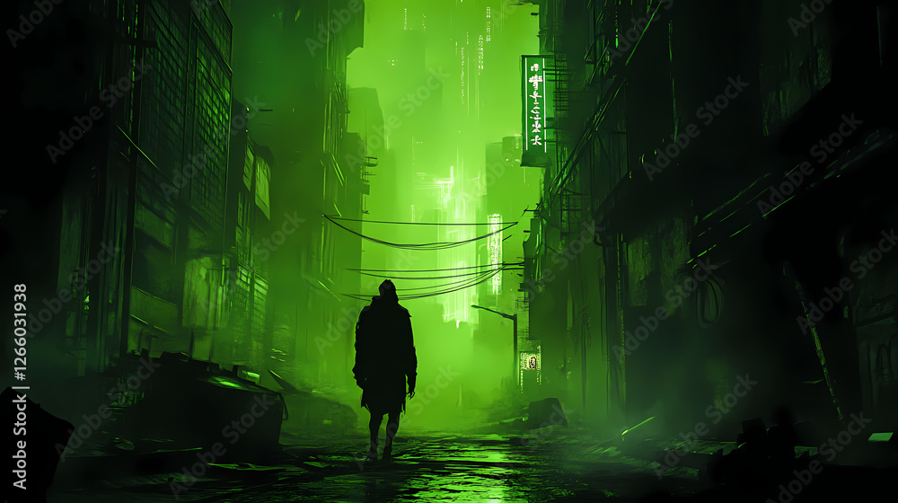 Wall mural Lone figure in dystopian cityscape, illuminated by eerie green light. Haunted Neon Streets. Illustration