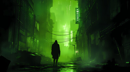 Obraz premium Lone figure in dystopian cityscape, illuminated by eerie green light. Haunted Neon Streets. Illustration