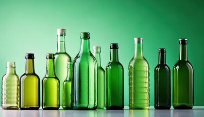 Collection of green glass bottles arranged on a countertop with a green background