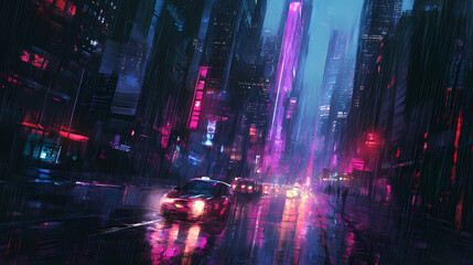 Fototapeta premium Moody urban landscape at dusk, skyscrapers pierced by streaks of neon lights, casting long shadows on empty, rain-soaked streets lined with deserted buildings. Haunted Neon Streets. Illustration
