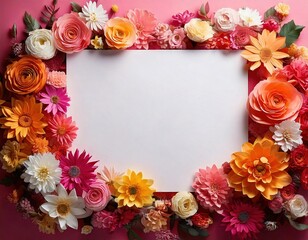 Fototapeta premium Colorful floral frame with blank center for creative design projects and invitations, mockup