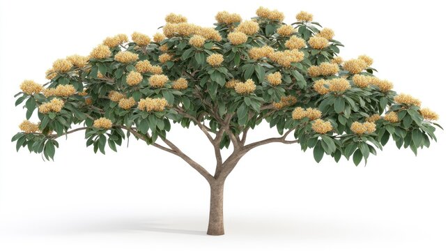 A graceful kadamba tree with a straight trunk and spherical golden flowers, isolated on a white background. No people, no text.