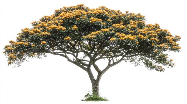 A graceful kadamba tree with a straight trunk and spherical golden flowers, isolated on a white background. No people, no text.