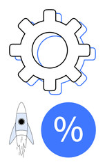 Large gear with rocket blasting off below, blue percentage sign on the right. Ideal for concepts of efficiency, startup growth, progress, innovation, productivity, business metrics, abstract line