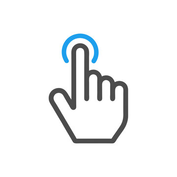Click here icon with a digital touch hand pointer pressing a button symbolizing tap press push interaction for user interface and web design elements