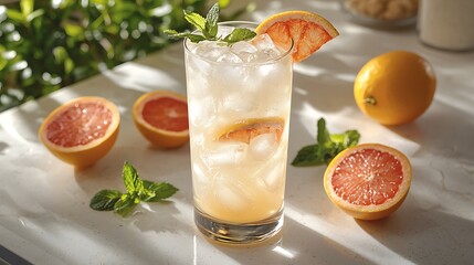 Fototapeta premium Frothy grapefruit juice served in a tall glass with grapefruit wedges ice cubes and mint sprigs on a neutral countertop