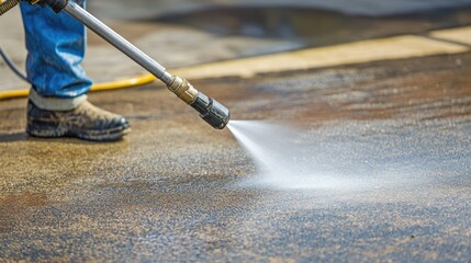 A high-pressure washer being used to clean outdoor pavement.