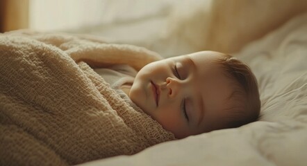 Obraz premium baby sleeping on the bed, wearing light gray and a beige blanket, close-up shot of the face, white background
