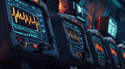 A high-tech cardiac care unit with ECG machines aligned for continuous heart rate monitoring.