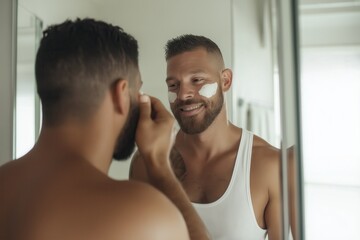 Fototapeta premium Confident man applying skincare cream in modern bathroom mirror reflection, emphasizing self-care and grooming routine