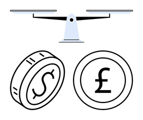 Dollar and Pound coins compared on balance scale, symbolizing trade, exchange rates, and fair value. Ideal for finance, economics, globalization, wealth, investment equality abstract line flat