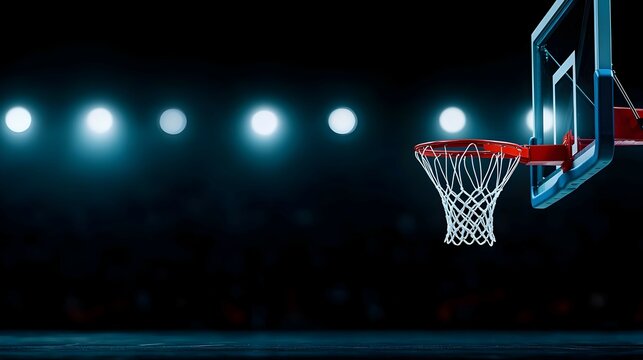 Basketball Hoop In Dark Arena With Bright Lights