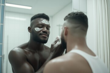 Fototapeta premium Men engaging in everyday skincare routine reflection of self-care and grooming in modern bathroom setting