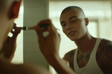 Young man grooming in modern bathroom reflective morning routine with natural light and minimalist aesthetic