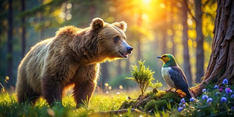 Obraz premium Playful Bear and Bird Encounter in Serene Forest - Wildlife Stock Photo