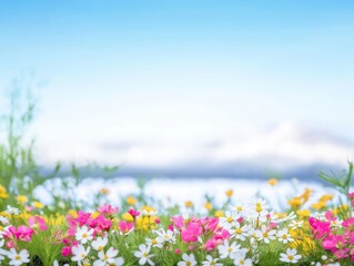 Colorful wildflowers blossoming in a vast alpine meadow during a sunny spring day, creating a vibrant and idyllic natural scene with distant mountains and blue sky