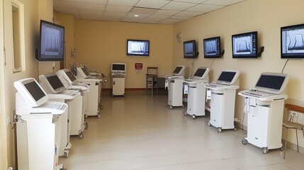 A hospital ward equipped with multiple ultrasound systems for various diagnostic procedures.